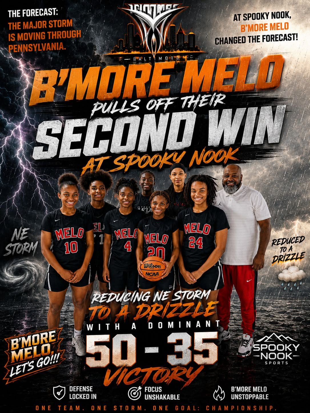 B'More Melo championship storm poster featuring Skylar Elliott, Lynan Meadows, Kristin Small, and Gabby Buggs