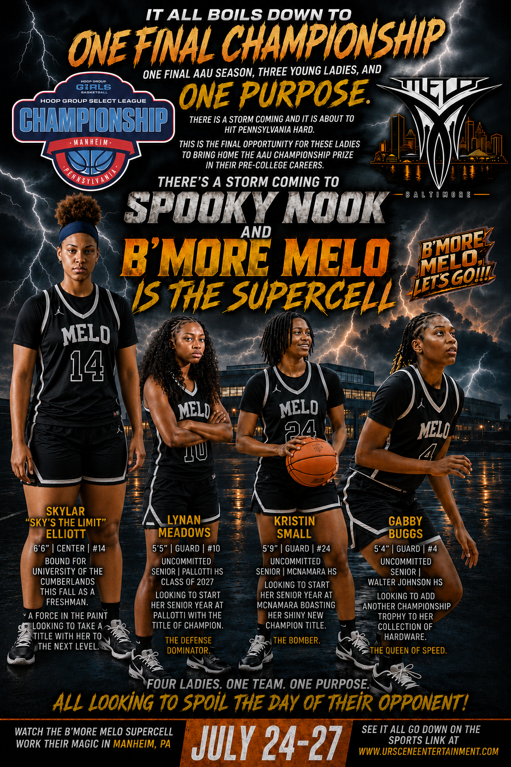 B'More Melo championship storm poster featuring Skylar Elliott, Lynan Meadows, Kristin Small, and Gabby Buggs